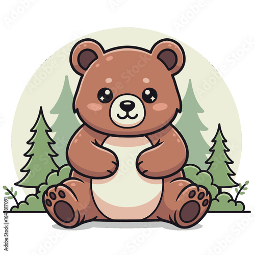 Charming little bear cub in a whimsical forest. A cute vector illustration of a friendly animal character for children.