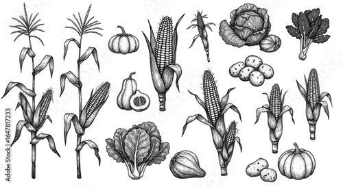 Silhouette of corn plant growing with leaves of vegetable harvest on white background