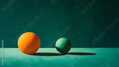 Two vibrant spheres, orange and green, cast shadows against teal backdrop