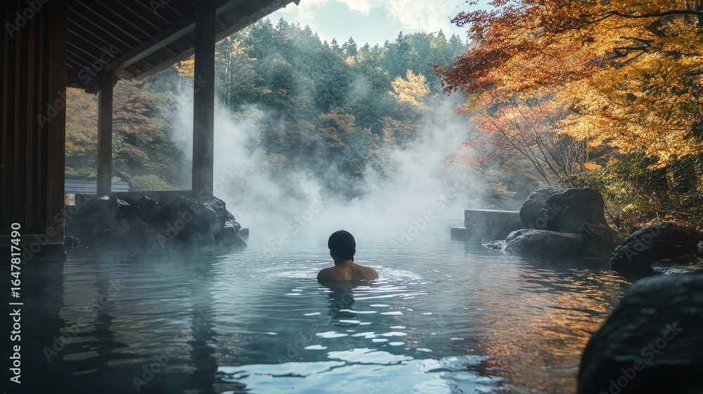 Fototapeta premium Relaxing in a serene hot spring amidst nature s beauty with steam rising all around