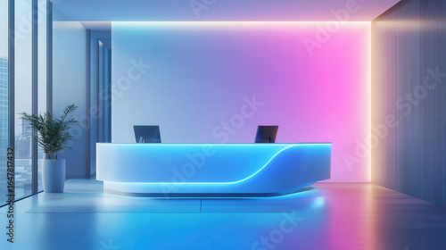 Tech company reception counter mockup future technology office lighting space workplace interior registration copy space desk design indoor decoration front view green plant decor