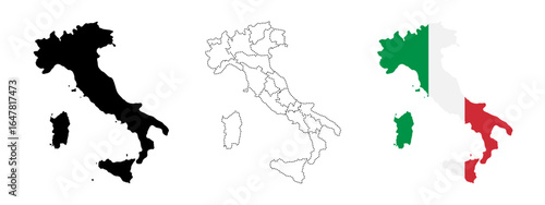 Italy map silhouette. Italian regional borders and national flag sign. Political boundaries and country shape symbol. Geographic identity and travel pictogram. Map vector illustration.