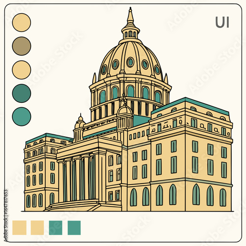 Illustration of a capitol building with a dome and columns in beige and teal with color swatches on side