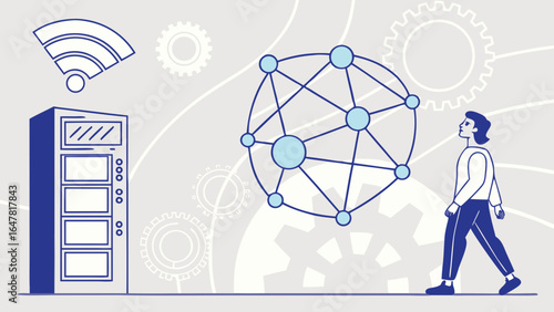 Illustration of a man walking past a server rack with a network globe and wifi symbol above it alluding to data