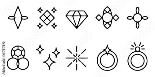 Collection of various gem stone shapes isolated on white background featuring diamond, crystal, and ring designs for jewelry, luxury, and decorative purposes in a simple line art style
