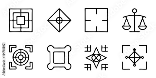 Collection of elegant line art icons featuring squares, balances, and targets isolated on white background for abstract, geometric, and decorative themed designs and creative projects