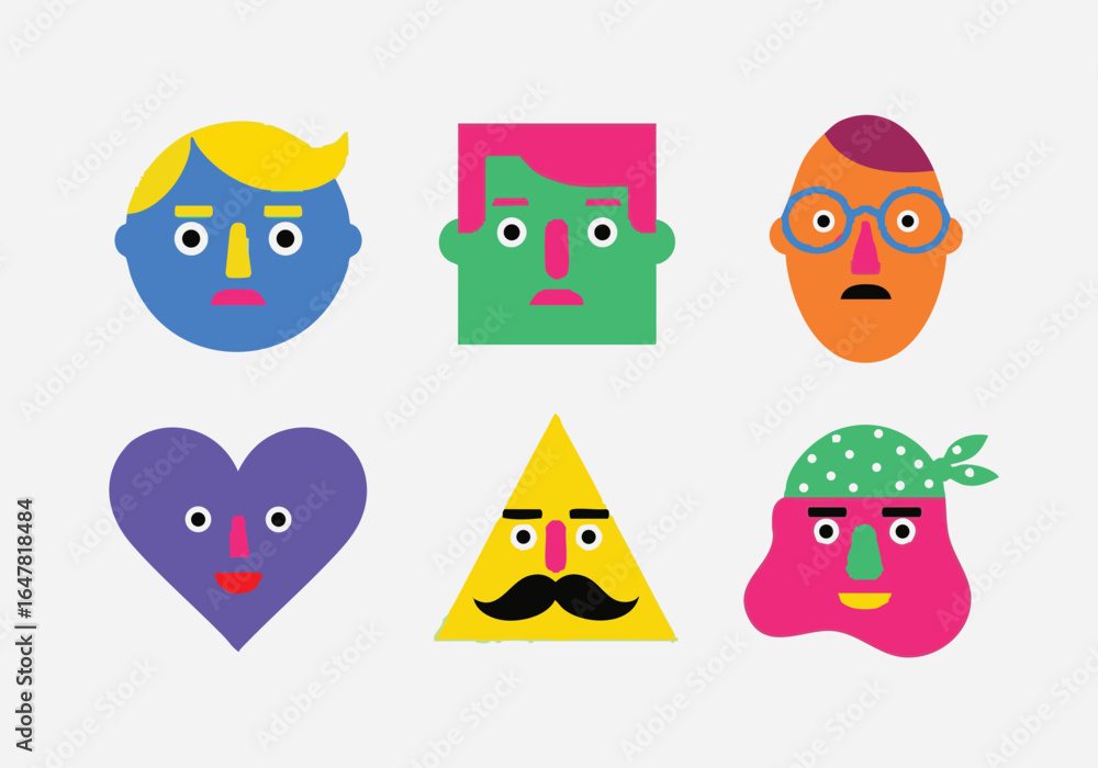 Fototapeta premium Colorful Geometric Faces Illustration with Various Shapes and Expressions Creative Design for Modern Projects and Vector Art Collection Cartoonish Characters