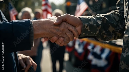 A warm handshake between a civilian and a soldier during a public ceremony, symbolizing respect and unity among citizens and military personnel. USA patriotic and veteran symbol