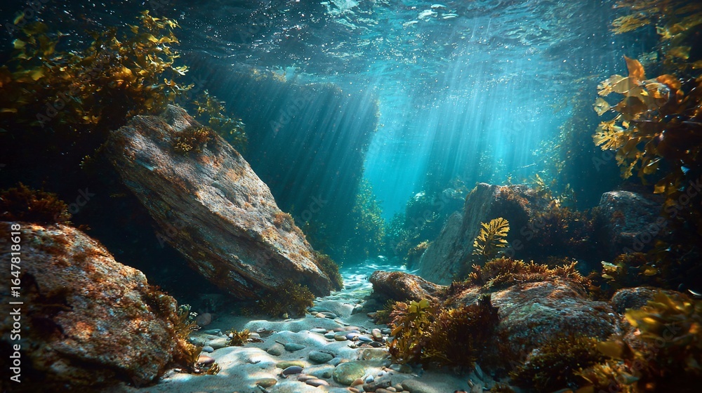 Obraz premium Underwater scene with sunbeams illuminating rocks, kelp, and a sandy seabed