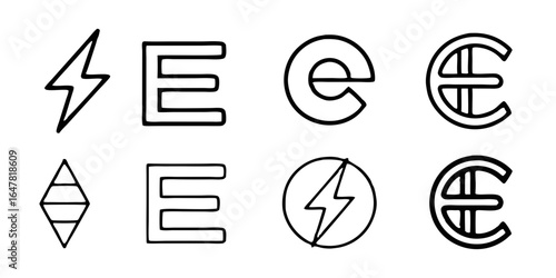 Collection of eight different letter e icons and lightning bolt isolated on white background for logo design, brand identity, or creative projects requiring a unique element