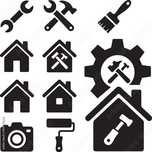 Real estate icon set with house and key symbols for property and home design
