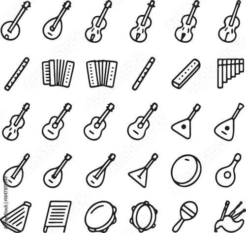 Collection of hand drawn musical instruments including violins guitars accordions flutes and percussion elements on a white background
