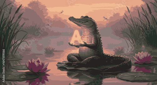 Mystical Alligator Meditating with a Glowing Orb in a Serene Swamp Landscape at Dusk