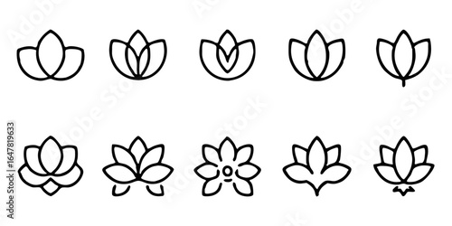 Collection of minimalist lotus flower icons isolated on white background a set of simple and elegant designs for various creative projects, representing purity and serenity