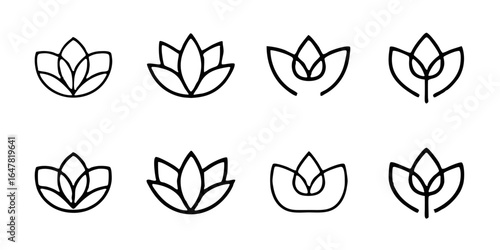 Elegant lotus flower icon set isolated on white background a collection of minimalist designs for spiritual and wellness themes, symbolizing purity, enlightenment, and rebirth
