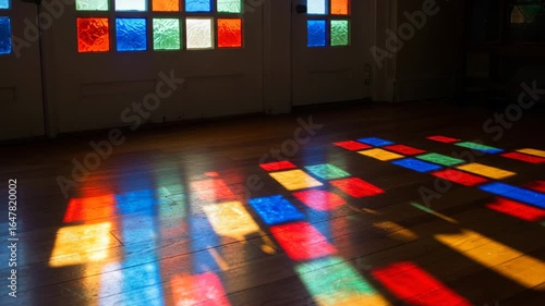 Colorful light reflection on wooden floor from stained glass windows  