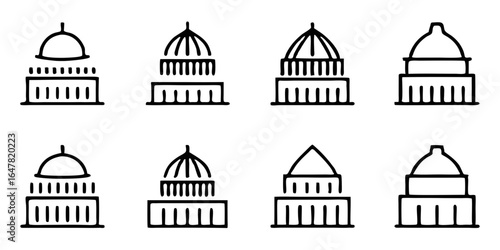 Set of eight line art capitol building icons isolated on white background featuring simple and modern designs, perfect for representing government, architecture, and national landmarks