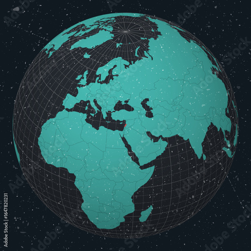 Lebanese Republic on Globe. Vintage look with grunge scratched texture. Country view on world map in Dark Charcoal Turquoise color palette. Lebanon shape on map. Globe with meridians and parallels.
