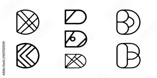 Collection of six line art letter d and b logo designs isolated on white background, offering a modern and creative approach to branding and initial concepts