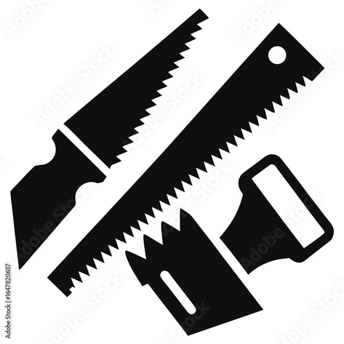 Black silhouettes of saws and chisel on white background