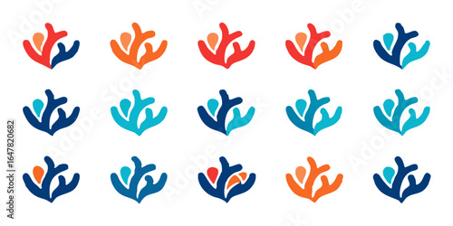 Colorful coral reef patterns isolated on white background featuring vibrant designs of marine life for oceanthemed projects, aquatic designs, and tropical illustrations with abstract shapes