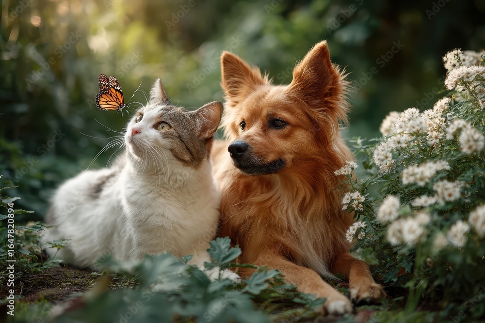 Naklejka premium Cute fluffy friends, a cat and a dog, are mesmerized by a butterfly in a lush garden during golden hour