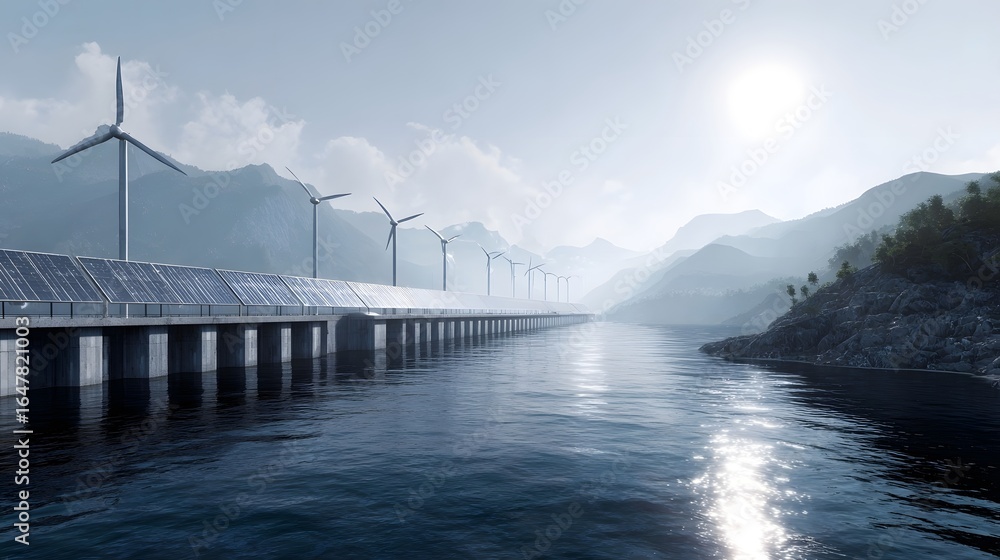 Fototapeta premium A modern clean energy dam with solar panels and wind turbines