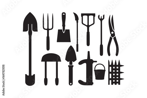 Collection of silhouette garden tools and accessories