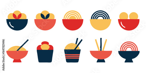 A delightful collection of asian cuisine icons, showcasing various bowls filled with noodles, rice, and dumplings, perfect for menus, websites, and culinarythemed designs isolated on white background