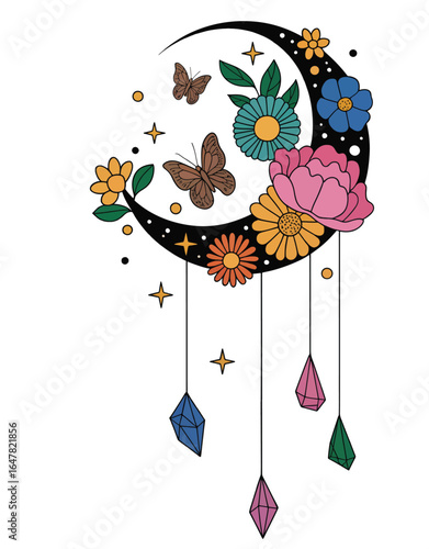 Bohemian crescent moon with flowers and crystals vector t shirt design