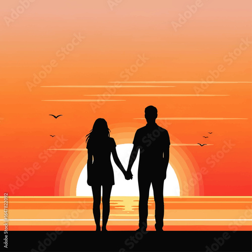 Silhouette of a couple holding hands at sunset over the ocean.