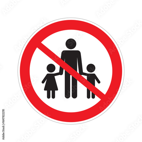 This circular sign has a red border and a diagonal line over silhouettes of an adult and two children, indicating restrictions on adult supervision in certain areas