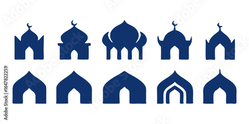 Collection of mosque dome silhouette icons isolated on white background for islamic design elements, ramadan kareem, eid mubarak, and muslim community celebrations