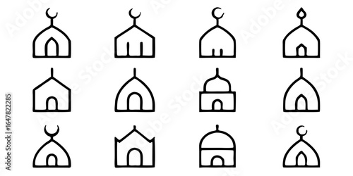 Collection of mosque dome outline icons isolated on white background for islamic design elements, ramadan kareem, eid mubarak, and muslim community celebrations