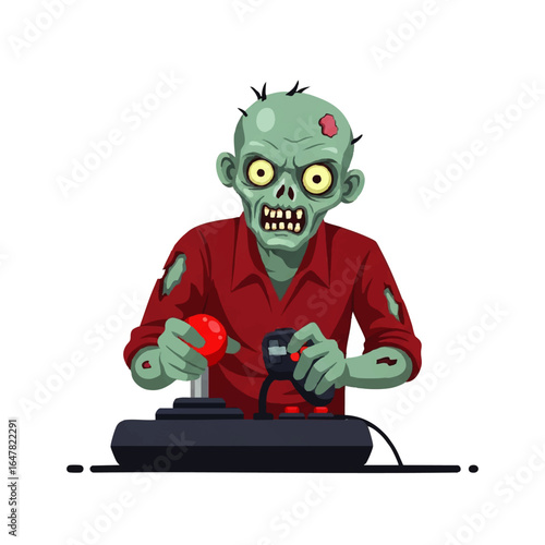 A cartoon zombie gamer furiously plays a vintage video game console.