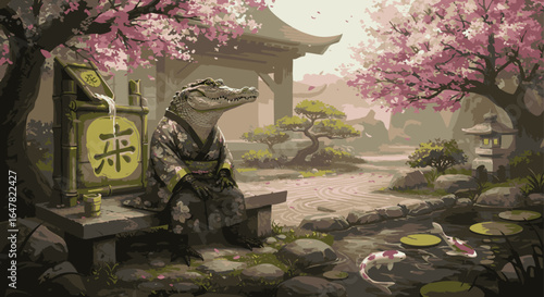 Serene Alligator in a Blossoming Japanese Garden