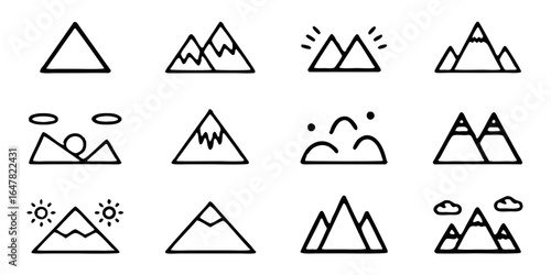 Collection of minimalist mountain icons isolated on white background simple line drawings showcasing various mountain shapes and landscapes, ideal for logo design and outdoorthemed projects