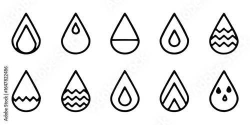 Collection of water drop icons isolated on white background a set of minimalist and clean line art designs for various applications, including logos, graphics, and abstract symbols