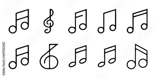 Collection of music note icons isolated on white background set of musical symbols in simple line style treble clef, bass clef, and various note shapes for music notation and design
