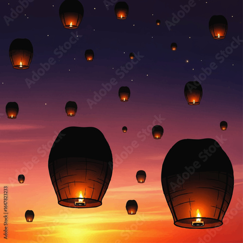 Numerous illuminated paper lanterns ascending into a twilight sky filled with stars, creating a beautiful scene.