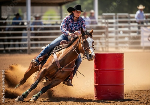 Female barrel racer on a powerful bay horse turning sharply around a red barrel in a dusty rodeo arena kicking up dirt