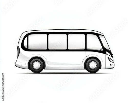 Cartoon-style white bus with large windows, rounded design, and black wheels isolated on a white background, presenting a clean, illustrative aesthetic