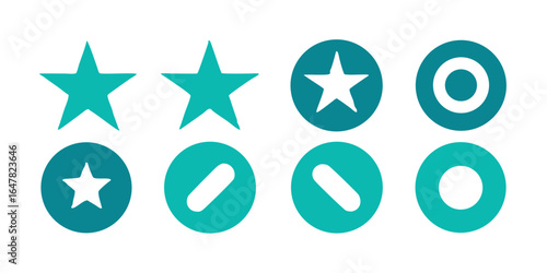 This image displays a grid of eight teal-colored icons on a white background. The top row features two teal stars, followed by a teal circle containing a white star, and a teal circle with a white out