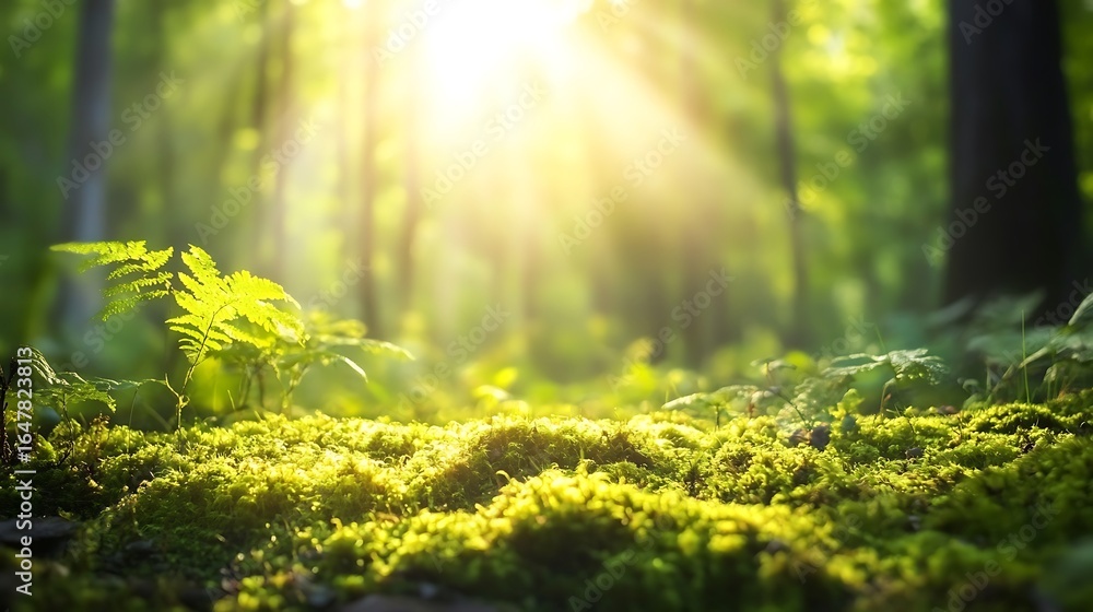 Obraz premium Lush moss with vivid sunbeams in forest high resolution picture