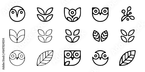 Collection of minimalist owl and leaf logos isolated on white background, perfect for branding, natureinspired designs, and modern graphic elements with a touch of elegance and simplicity