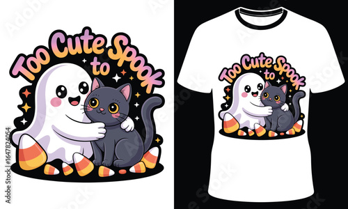 Adorable kawaii ghost hugging a black cat with candy corn and stars saying too cute to spook halloween design