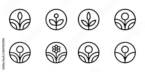 Set of minimalist flower and plant logos isolated on white background, perfect for branding, natureinspired designs, and modern graphic elements with a touch of elegance and simplicity