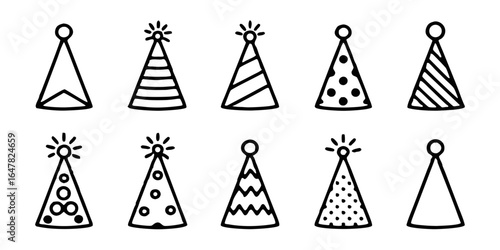 Party hats isolated on white background a collection of festive cones with various patterns and sparkles, perfect for birthday celebrations and holiday events, adding a touch of fun