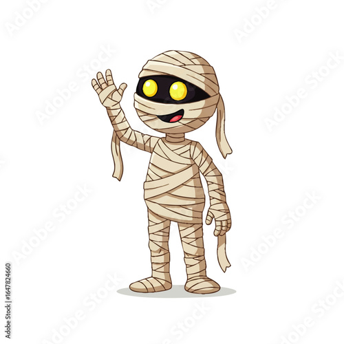 Cartoon mummy character waving, cheerful expression, isolated on white background.