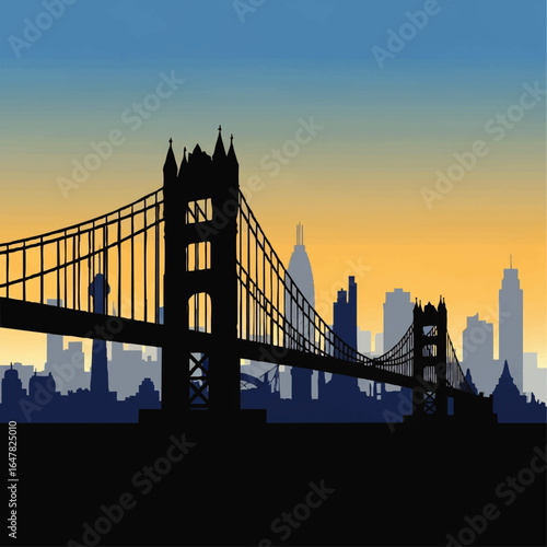 Silhouette of a suspension bridge with city skyline against a colorful sunset.